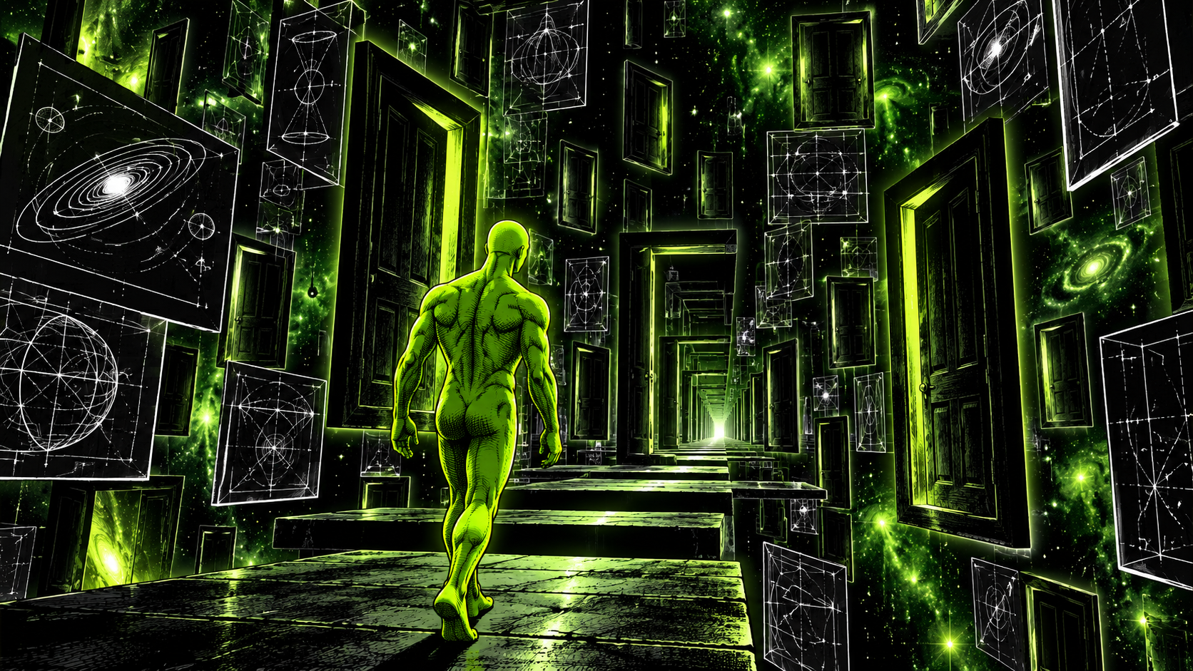 The WHY figure walking through an infinite archive of doors and diagrams