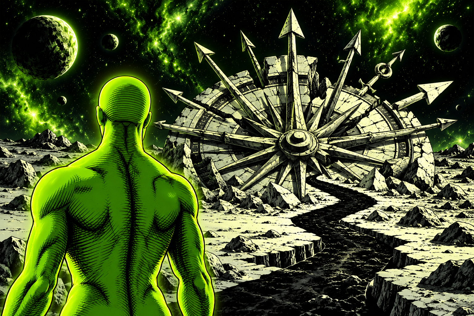 The WHY figure facing a broken compass with arrows pointing everywhere