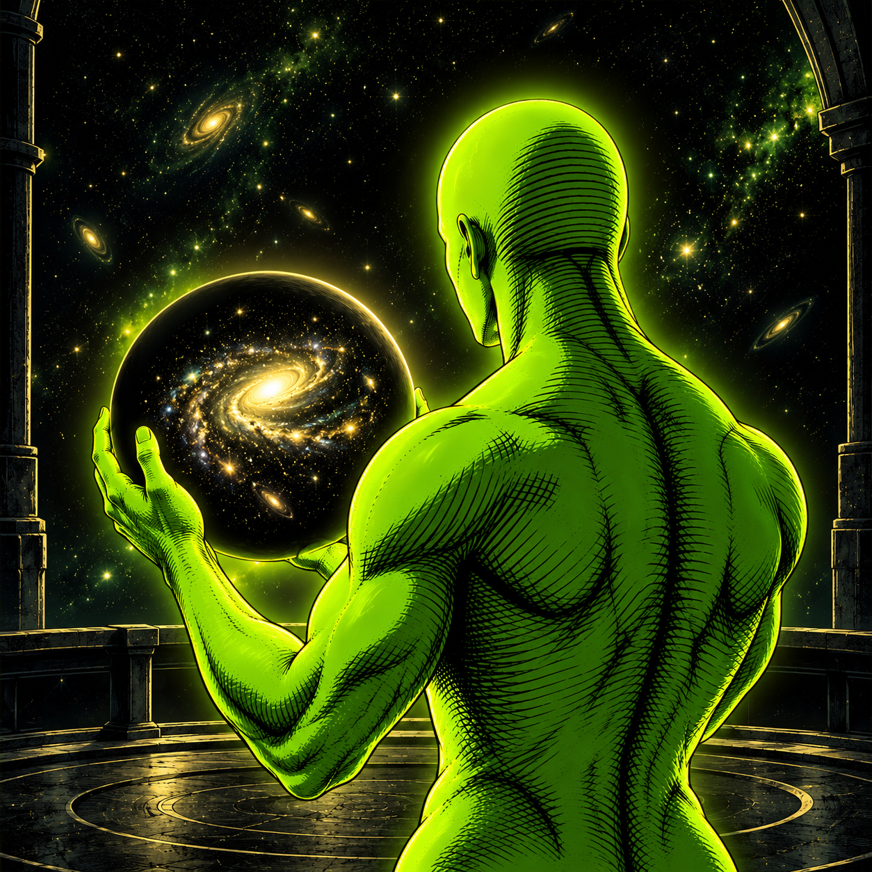 The WHY figure holding a black sphere that contains a galaxy